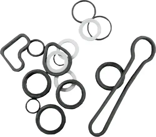 Dichtungsset mit verschiedenen O-Ringen und Dichtungen, geeignet für Anwendungen mit Wolf-Anlagen. Enthält sowohl schwarze als auch transparente Dichtungsarten.
